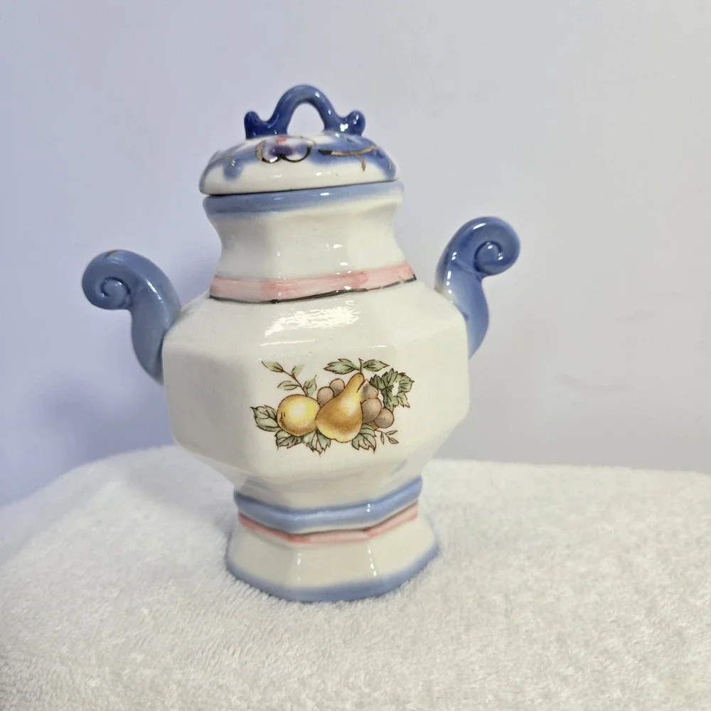 Vintage Footed Apothecary Jar Blue Floral Pattern Cottagecore Grannycore